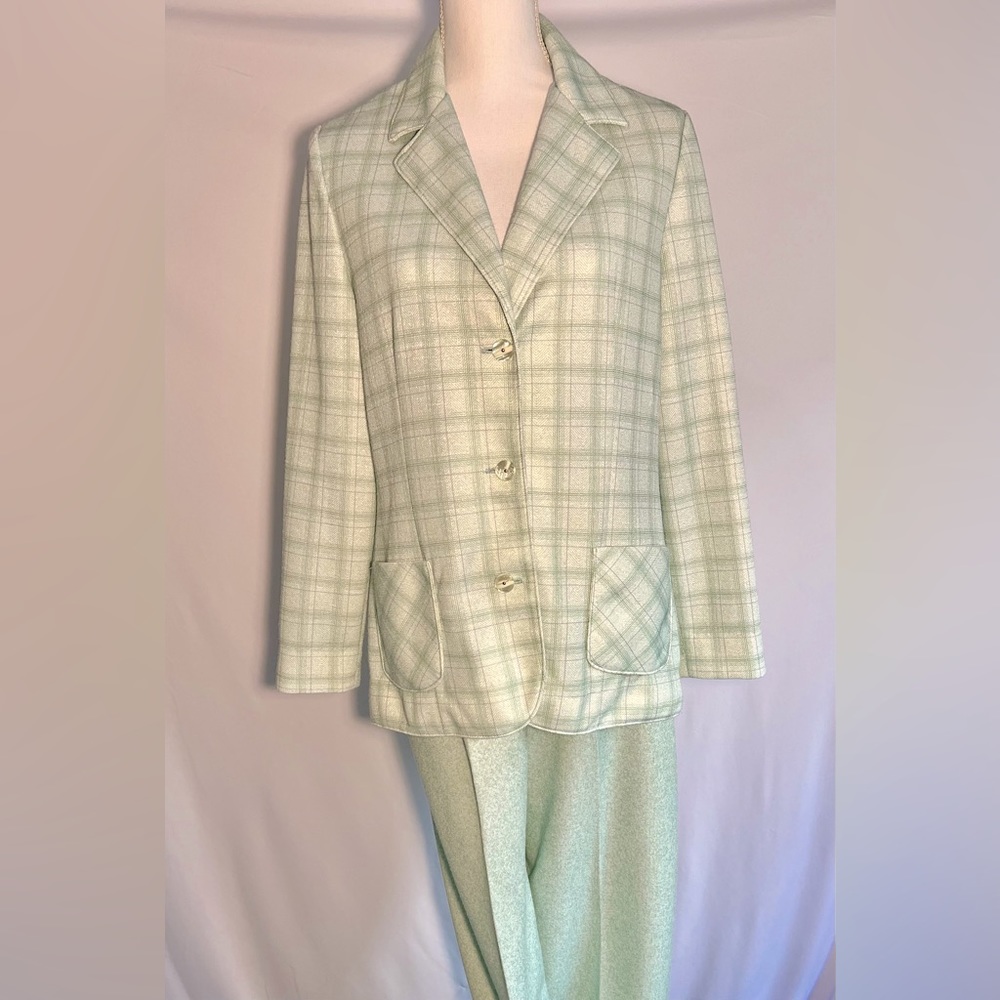 Vintage Jo Lester Polyester Pant Suit Leisure Size 14 Plaid Green Pants 70’s